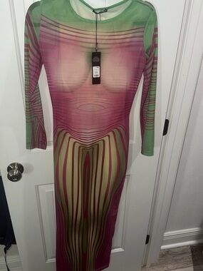 Fashion Nova Green and Pink Ombre Striped Mesh Midi Dress